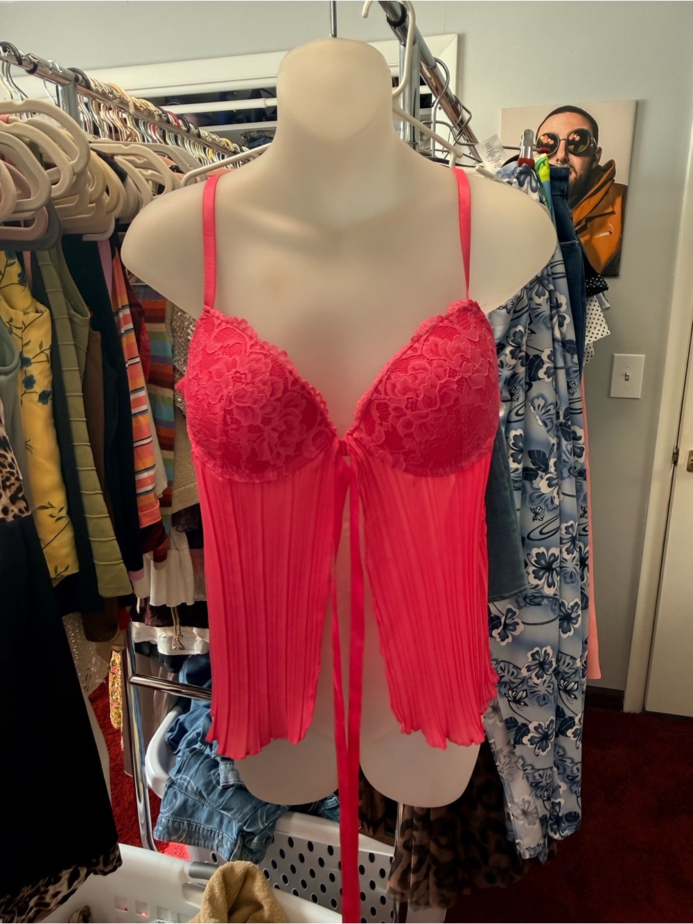 Hot Pink Lace Pleated Babydoll Chemise with Ribbon Tie